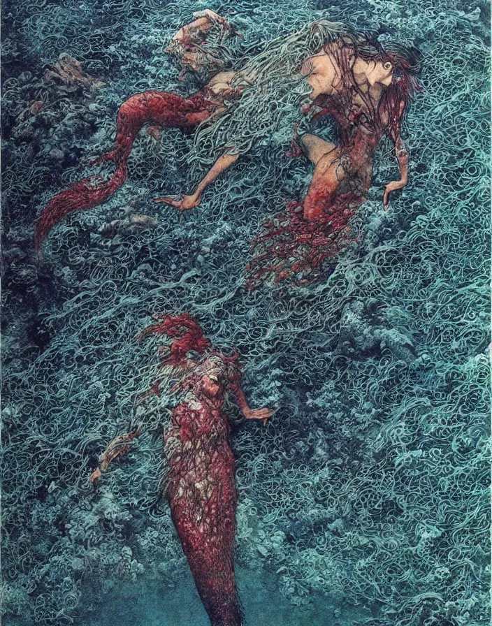 Prompt: a mermaid swimming deep underwater amongst seaweed and sea creatures, mermaid, high detailed beksinski painting, part by adrian ghenie and gerhard richter. art by takato yamamoto. masterpiece, dark and moody, deep colours, blue