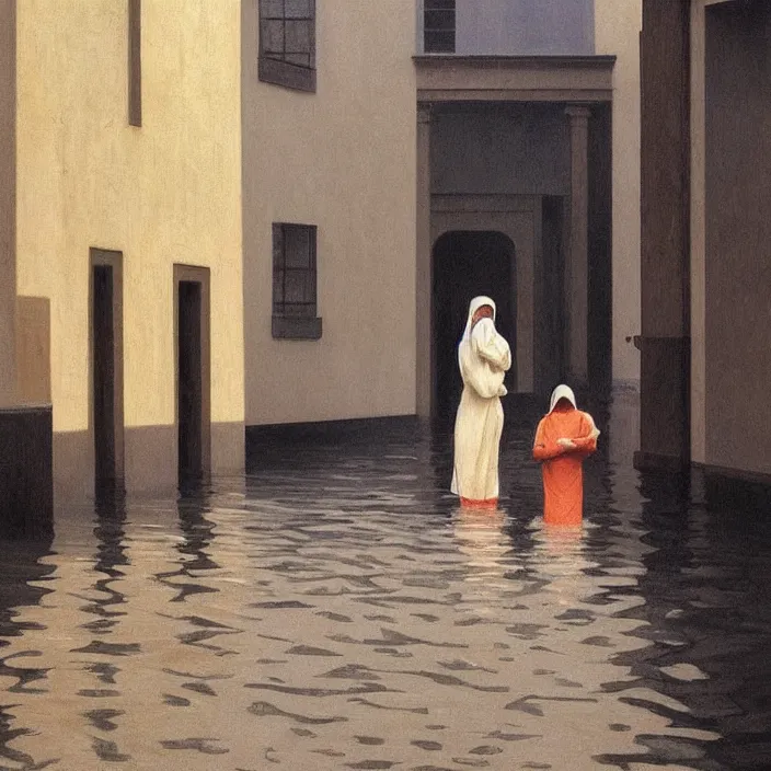 Image similar to two women hugging with a paper bag over the head, dressed in plastic bags, on flooded street of magnificent cathedral, highly detailed, artstation, art by , edward hopper, zdislav beksinski, wayne barlowe