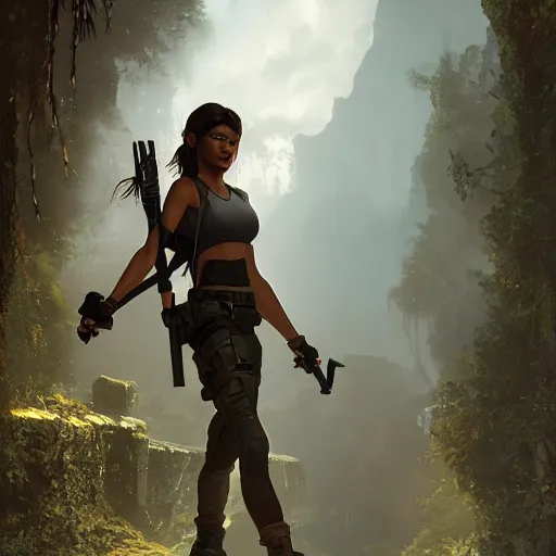 Image similar to a potrait of Zendaya as Lara Croft Tomb Raider by Greg Rutkowski, Sung Choi, Mitchell Mohrhauser, Maciej Kuciara, Johnson Ting, Maxim Verehin, Peter Konig, 8k photorealistic, cinematic lighting, HD, high details, dramatic, trending on artstation, full body shot