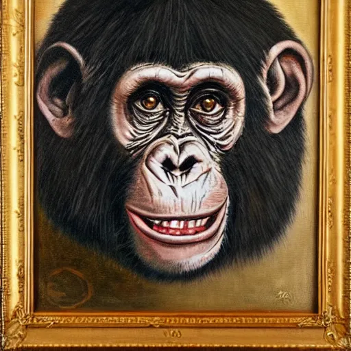 Image similar to portre of an autistic demonic chimpanzee on acid, masonic and kabalistic symbols in background, oil painting