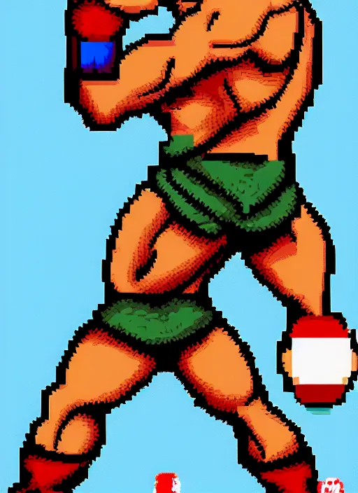 Image similar to extreme long shot. 8 bit nes graphics. antropomorphic muscular masculine wolf. kickboxer fighter, in shorts. wolf head. furr on body.