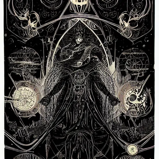 Prompt: black paper, tarot card, eldritch god, vintage detailed sci - fi illustration designed by marc simonetti and mike mignola, psychedelic black light style, intricate ink illustration, symmetry, bloodborne