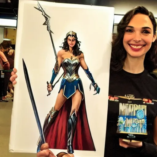 Image similar to Gal Gadot holding a sign that says M I T C H I E P O O !!!! as painted by Ralph Horsley