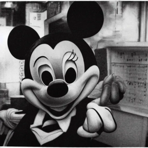 Prompt: hyper realistic picture of Mickey Mouse drunk and broke in Tokyo Robert robert doisneau black and white