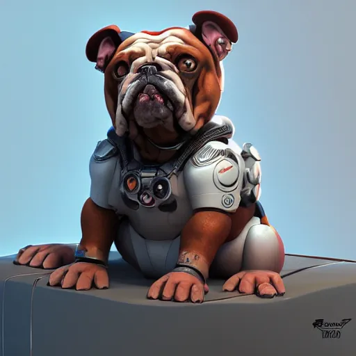 Image similar to « a 2 d cartoon cyborg bulldog sitting down, cyberpunk digital art by greg rutkowsky, cgsociety, 2 d art, cartoon, future tech, sketchfab »