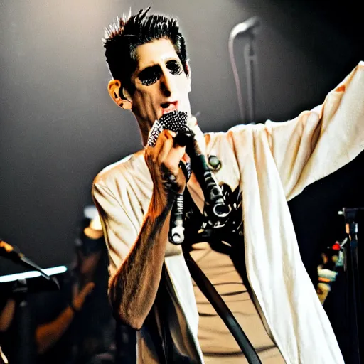 Prompt: perry farrell singing live on stage, dressed as an angel, photographic quality, live concert photo