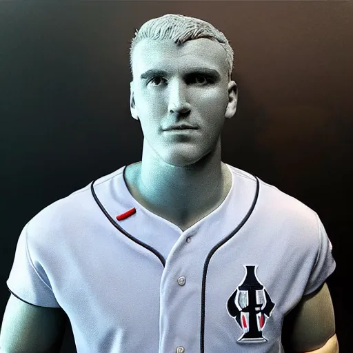 Image similar to “a realistic detailed photo of a guy who is an attractive humanoid who is half robot and half humanoid, who is a male android, baseball player Mike Trout, shiny skin, posing like a statue, blank stare, on the baseball field, on display”