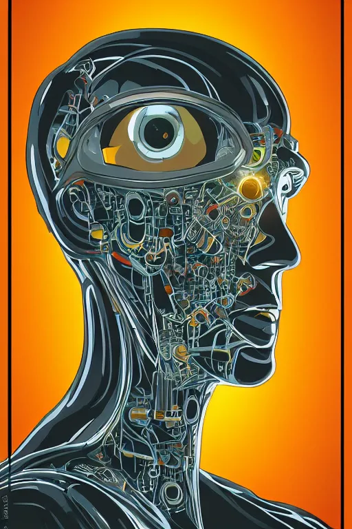 Image similar to portrait of a organic cyborg head covered in oil by pixar, centered, symmetrical, bilateral symmetry, 70s poster, polished, retro dark vintage sci-fi, 2D matte illustration