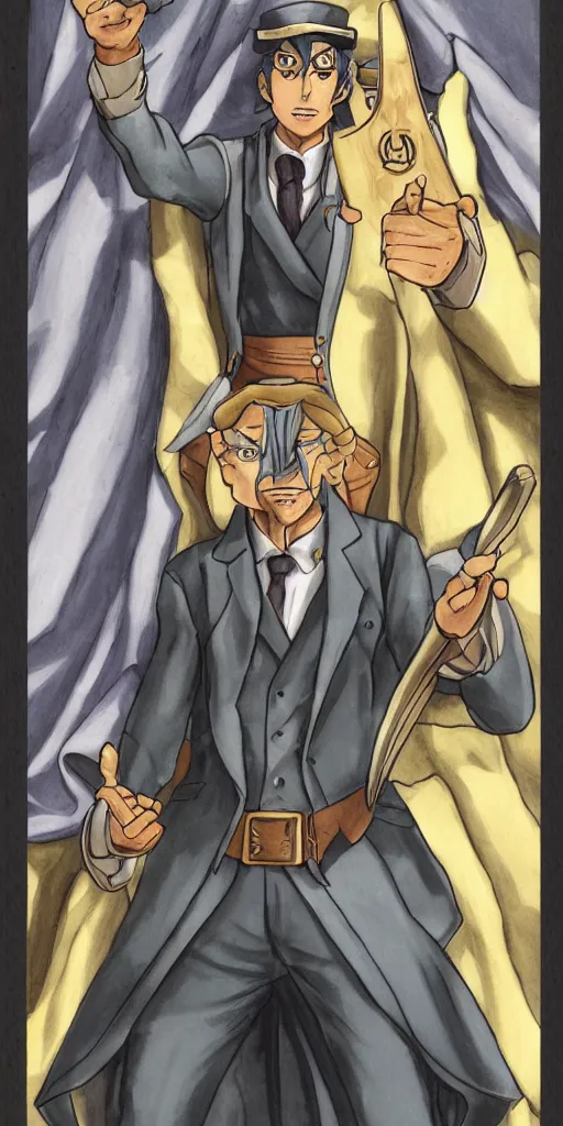 Image similar to the judge from Ace Attorney with a beam scale in one hand. Tarot card Justice, impressive art, detailed, single subject, high quality