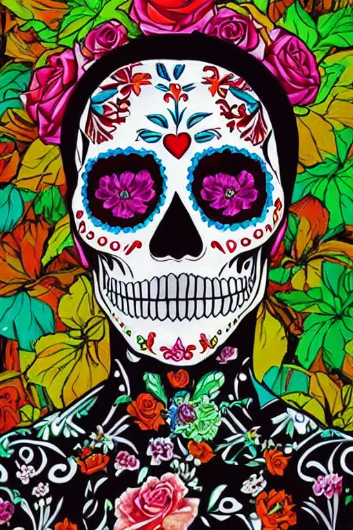 Image similar to illustration of a sugar skull day of the dead girl, art by steve mccurry