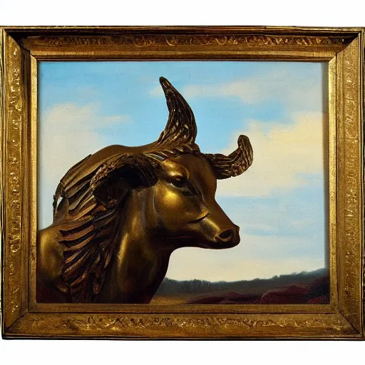 Prompt: A Statue of a Golden Cow With Wings In The Middle Of the Sky, Oil Painting