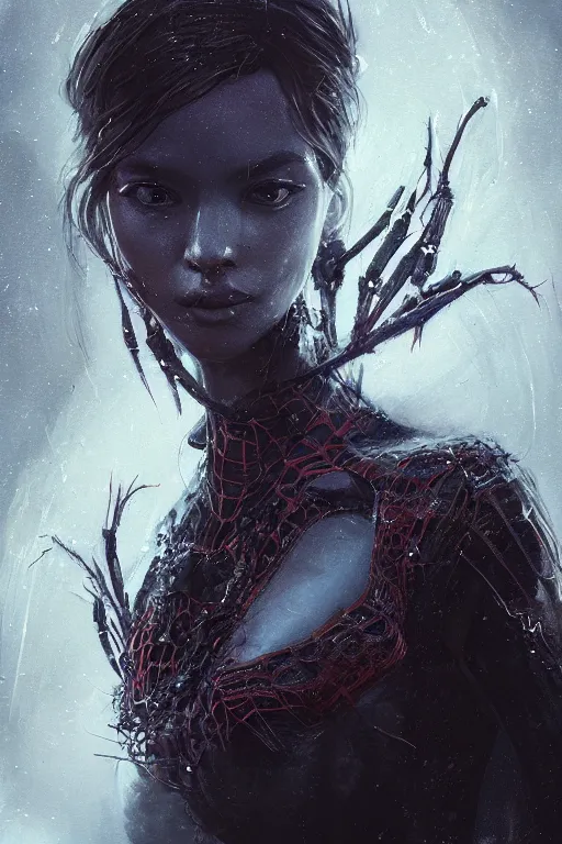 Prompt: A fancy portrait of a beautiful spider women by Greg Rutkowski, beeple, Sung Choi, Mitchell Mohrhauser, Maciej Kuciara, Johnson Ting, Maxim Verehin, Peter Konig, Bloodborne, 8k photorealistic, cinematic lighting, HD, high details, dramatic, dark atmosphere, trending on artstation