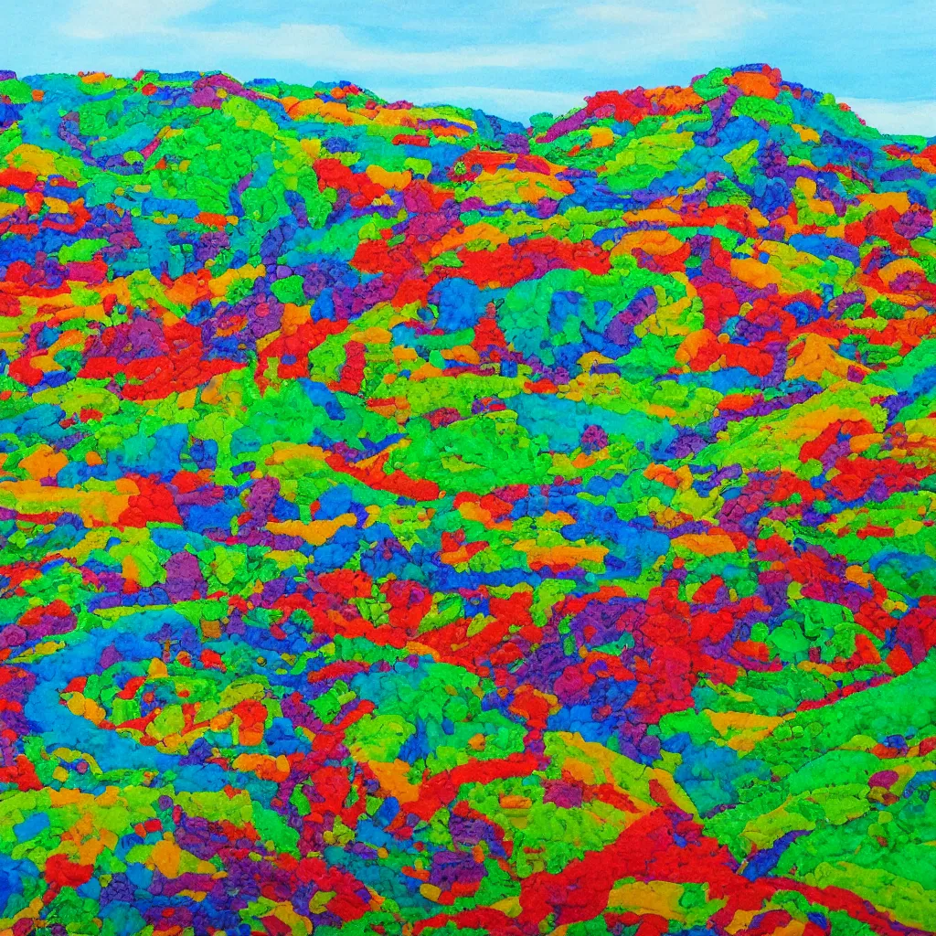 Image similar to painting of the countryside created entirely with gummy bears