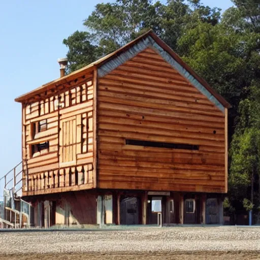 Image similar to timber house on a freight ship