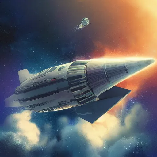 Prompt: space ship on the starry sky gets blown up by missile, stylized, artstation, hd, cgsociety, cgi, realistic, dramatic, cinematic, artistic, trending, detailed