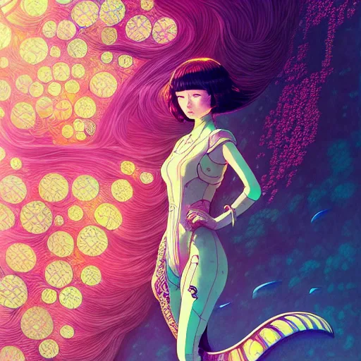 Image similar to a beautiful hyperdetailed character design 4 k wallpaper illustration of a cute dolphin and a beautiful girl, victo ngai cyberpunk style, from china, style of studio ghibli, makoto shinkai, raphael lacoste, louis comfort tiffany, artgerm, james jean, ross tran, chinese style