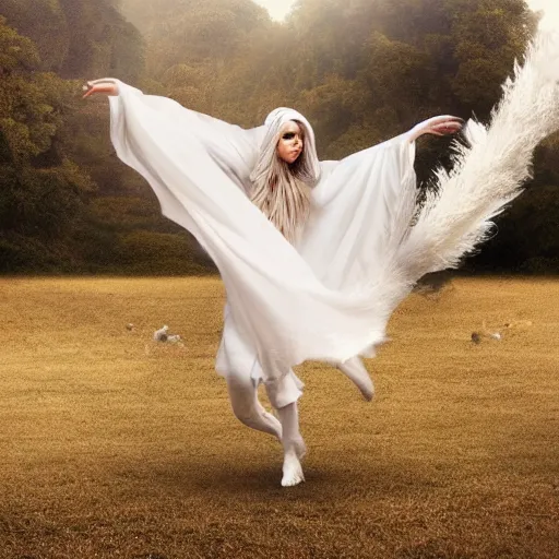 Prompt: white female dancing goat weared with white veils, matte painting, cinematic, epic composition, detailed, atmospheric, wide angle, artstation trending