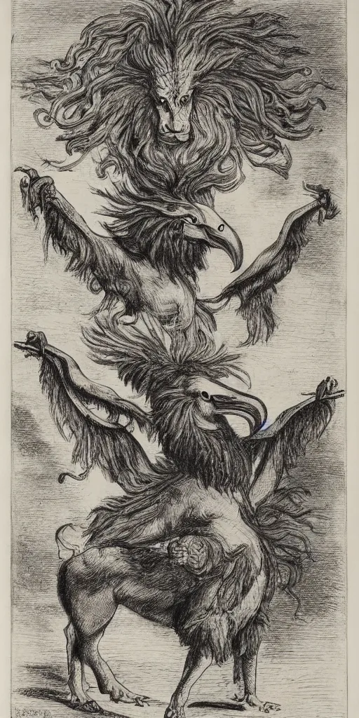 Image similar to a creature with the body and eyes of a man, with the beak of an eagle, the mane of a lion, and the horns of an ox. drawn by francis bacon