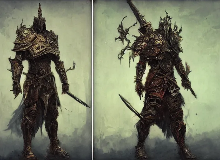 Prompt: cruxible knight concept, clad in tree bark ornamented armor, beksinski, ruan jia, dark soul concept art, infinity blade armor