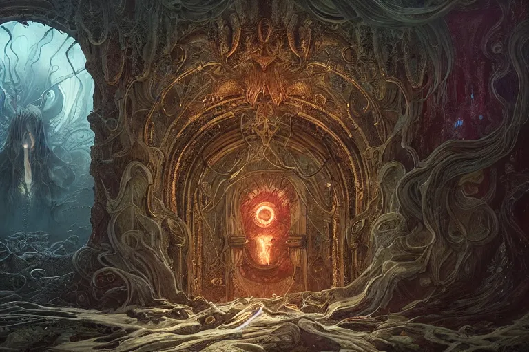 Image similar to a lovecraftian painting of a demonic portal, cosmic horror elements, ultra realistic, concept art, intricate details, eerie, highly detailed, photorealistic, octane render, 8 k, unreal engine. art by artgerm and greg rutkowski and alphonse mucha