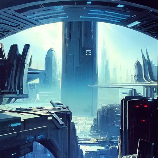 Prompt: derelict portal in a middle of a futuristic cityscape, world seen only through a portal, daylight, cinematic perspective, cinematic lighting, blue sky, syd mead, john harris