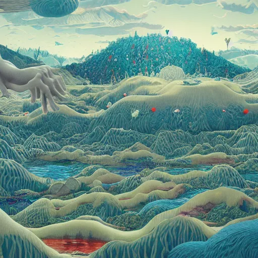 Image similar to inflatable landscape with forest, river and mountains swarm of floating wishes , concept art, huge scale, high detail, sci fi by James Jean
