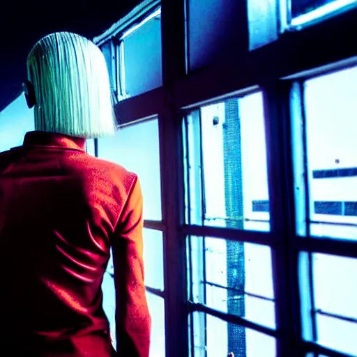 Image similar to worried, runaway beautiful android looking out at you through the window in a dirty abandoned factory, short spiky blonde hair, cyberpunk outfit, still from closed circuit tv footage, high angle