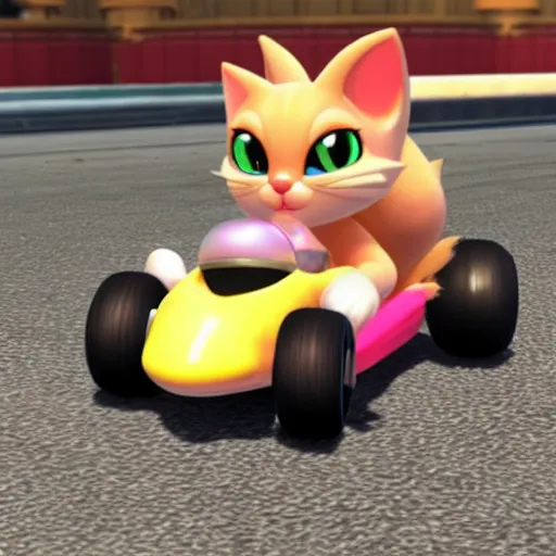 Prompt: a picture of a new cat peach character in mario kart