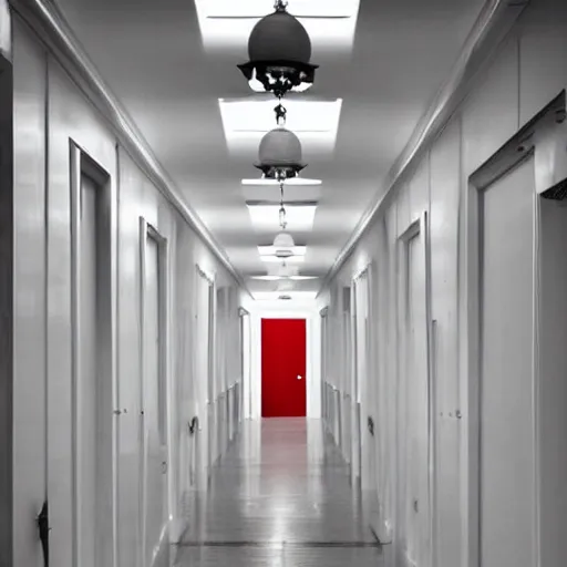 Prompt: a long all white hallway lined with red doors, liminal space,