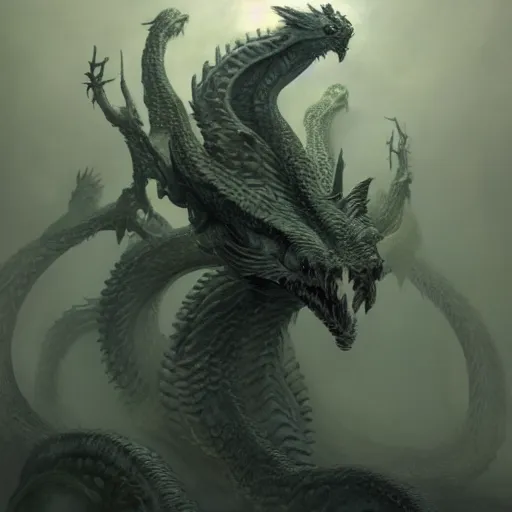 Prompt: concept art of a hydra, dragon with many heads, hyperrealistic, a painting by beksinski, by ruan jia, by austin osman spare, symbolist painting, mist, volumetric render, digital painting, detailed painting, occult, octane render