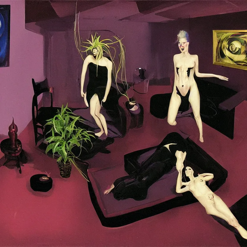 Image similar to One man and one woman attached by love in a living room of a house, floating dark energy surrounds the middle of the room. There is one living room plant to the side of the room, surrounded by a background of dark cyber mystic alchemical transmutation heavenless realm, cover artwork by francis bacon and Jenny seville, midnight hour, part by adrian ghenie, part by jeffrey smith, part by josan gonzales, part by norman rockwell, part by phil hale, part by kim dorland, palette knife texture, smudged paint, muted cold colors, artstation, highly detailed