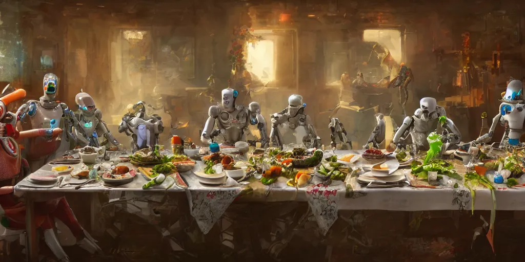 Image similar to a table dinner of robots where robots are dressed like the characters from the midsommar movie, cinematic, hyperdetailed, octane render, trending on art station, ultrarealistic