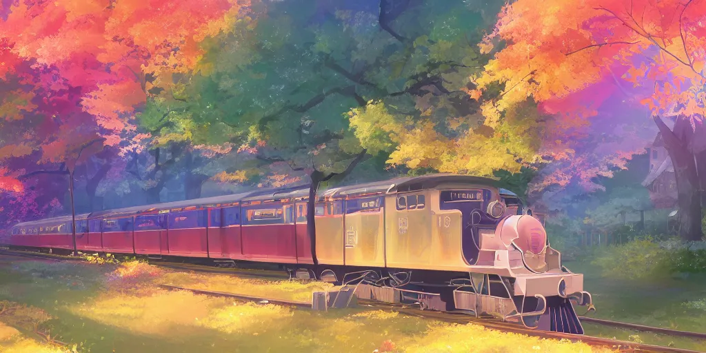 Prompt: A beautiful illustration of beautiful Hogwarts train, autumn, leaves, trees, steam, iridescent, pink, golden, orange, smoke, wide angle, by makoto shinkai, Wu daozi, very detailed, deviantart, 8k, wallpaper, tropical, colorful, airy, anime illustration, anime nature wallpap