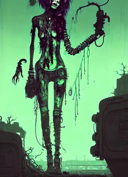 Prompt: highly detailed portrait of an moody wasteland punk long dripping green poison hair tribal zombie lady, stray wiring by atey ghailan, james gilleard, by joe fenton, by greg rutkowski, by greg tocchini, by kaethe butcher, 4 k resolution, gradient purple, brown black and white color scheme!!! ( ( green flaming robotic sewer background ) )