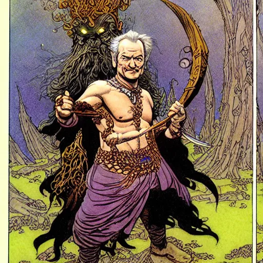 Prompt: a high fantasy portrait of bill murray as a mystical druidic warrior wizard giving the camera the finger by rebecca guay, michael kaluta, charles vess and jean moebius giraud