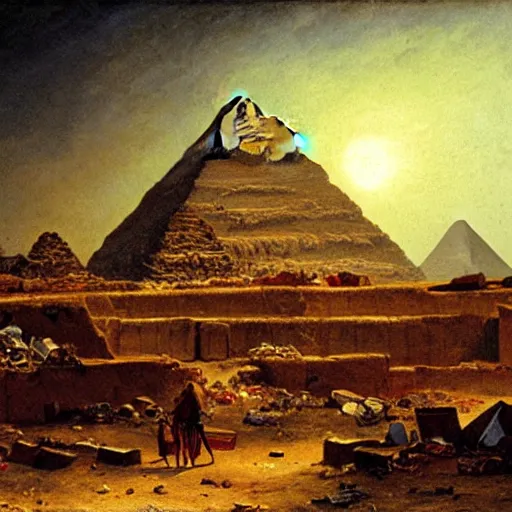 Prompt: The pyramids of Giza turned into a garbage dump, oil painting by Albert Bierstadt