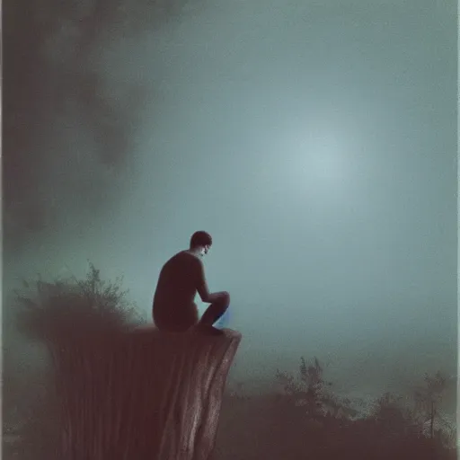 Image similar to man sitting on a tree trunk in a forest crying, moody, dark, night, blue mist, moonlight, surrealist