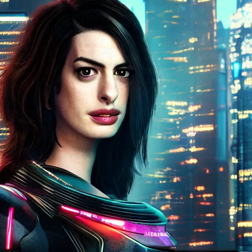 Image similar to anne hathaway portrait, cyberpunk 2 0 7 7, cyberpunk judy alvarez, photorealistic, ultra detailed, neon, octane, bokeh, cinematic lighting, cyber, cyberpunk city, studio quality, feature, scars, cyberface, 8 k