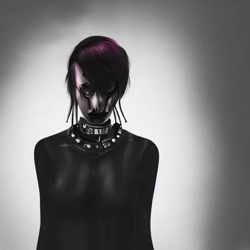 Image similar to a digital artwork of woman wearing technological large steel collar, choker on neck, dark cyberpunk art style, 4K, portrait, punk hairstyle,
