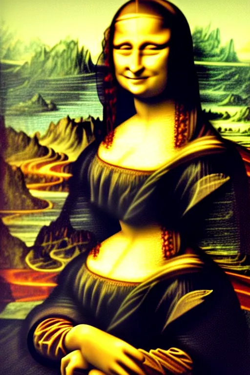 Image similar to the mona lisa made of metal and machinery and wiring