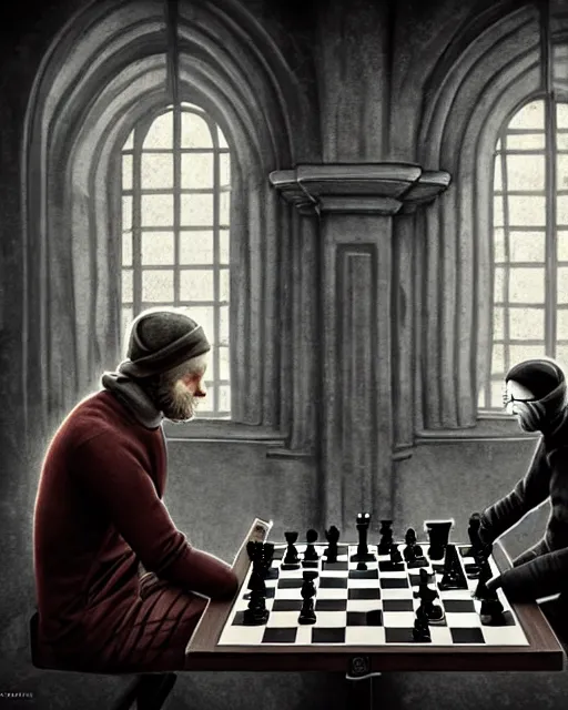 Prompt: danish person sat playing chess with death in a train station, ultra realistic, concept art, intricate details, highly detailed