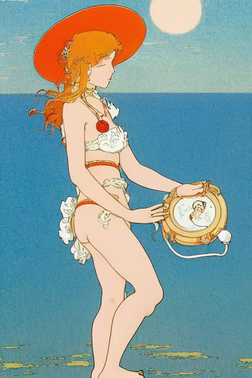 Prompt: A girl in a white lacy bikini and white sun hat and Holding a heart-shaped lifebuoy, jumping for joy,long orange hair floating on air ,Waves and sand and clouds in the background ,Smooth visual lines,,graphic Design by mucha and studio ghibli