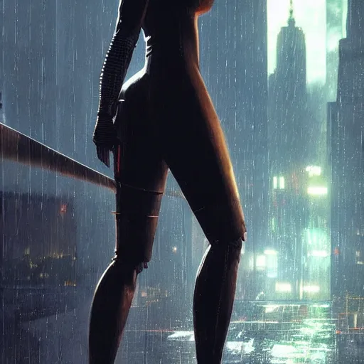 Image similar to new york city portrait of 2B nier automata wearing skin tight clothes muzzle gloomy rainy screenshot from the video game cyberpunk 2077 digital art by Greg Rutkowski, Simon Stalenhag, christopher nolan trending on Artstation, CGSociety