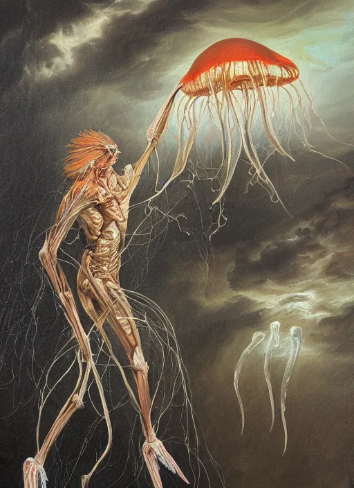 Image similar to an anatomical oil painting of a jellyfish Harpy from a medical journal by Julie Bell and Scott Listfield, highly detailed, high detail, 8k, storm clouds, birds, dramatic lighting