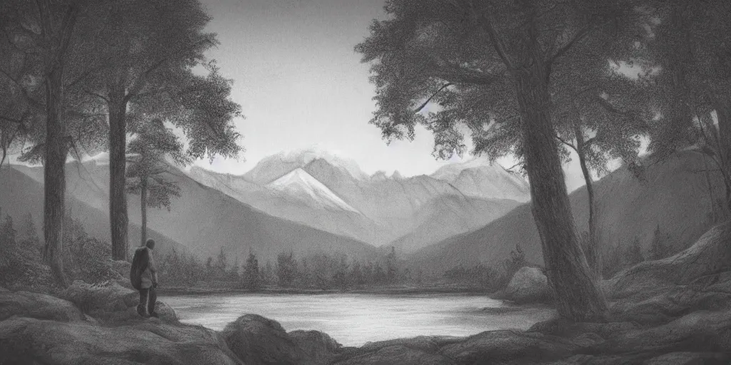 Image similar to A majestic landscape featuring a river, mountains and a forest. There is an old man standing, wearing a backpack and staring at the sunset. Cinematic, very beautiful, pencil drawing