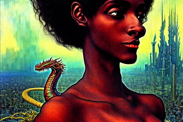 Image similar to realistic extremely detailed closeup portrait painting of a beautiful black woman with a mutant dragon, dystopian city on background by Jean Delville, Amano, Yves Tanguy, Ilya Repin, Alphonse Mucha, Ernst Haeckel, Edward Robert Hughes, Roger Dean, heavy metal 1981, rich moody colours