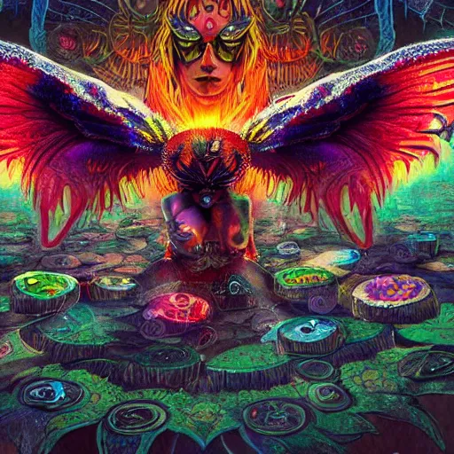 Image similar to 8K centered headshot Portrait of a psychedelic godlike mothman posing with a cigar with giant mandala wings smoking a hand-rolled cigarette smoking heavily , magic mushroom village in background , post-processing , award winning. superb resolution. in the art style of Satoshi Kon and Greg Rutkowski , Detailed Mushroom city in background , Hyper realistic anime , Perfect art , Dalle2