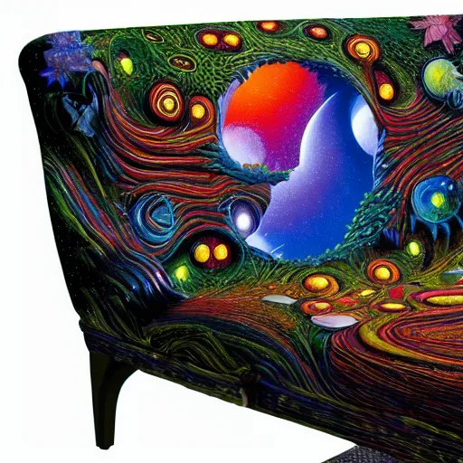 Image similar to psychedelic couch sofa in the lush forest, guitar, milky way, designed by moebius, rob gonsalves, gustav dore, giuseppe arcimboldo and carl barks, louis wain, trending on artstation, canada, star, sharp focus, colorful refracted sparkles and lines, soft light, 8 k 4 k