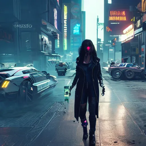 Prompt: black haired woman in a trench coat in a black cyberpunk 2 0 7 7, intricate, highly detailed, face enhance