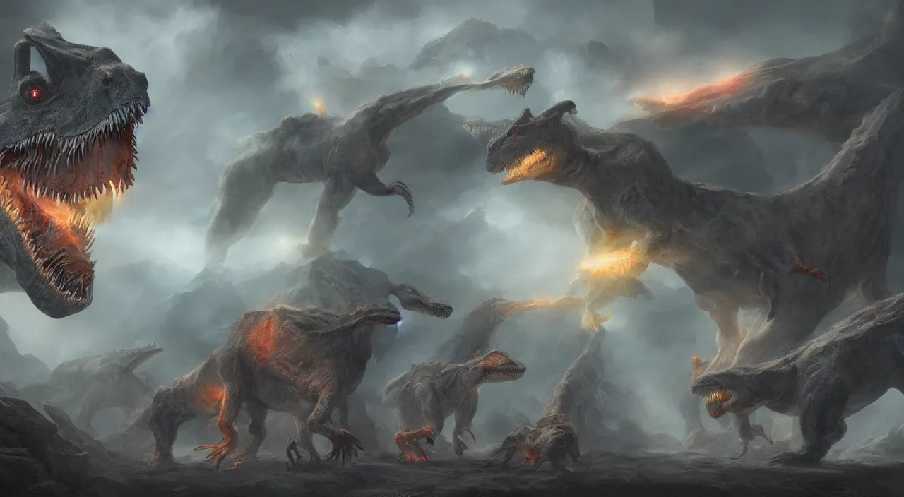 Image similar to colorful ghost dinosaurs, glowing with magic, trapped in slate grey walls, matte painting, fantasy art, concept art, 4 k